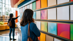 Two anonymous readers examining a colorful abstract lottery results archive